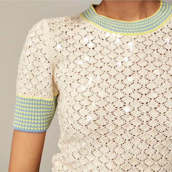 J. Crew S/S Clear Sequin Pointelle Sweater Tee with Striped Trim Size XXS NWT - Picture 2 of 10